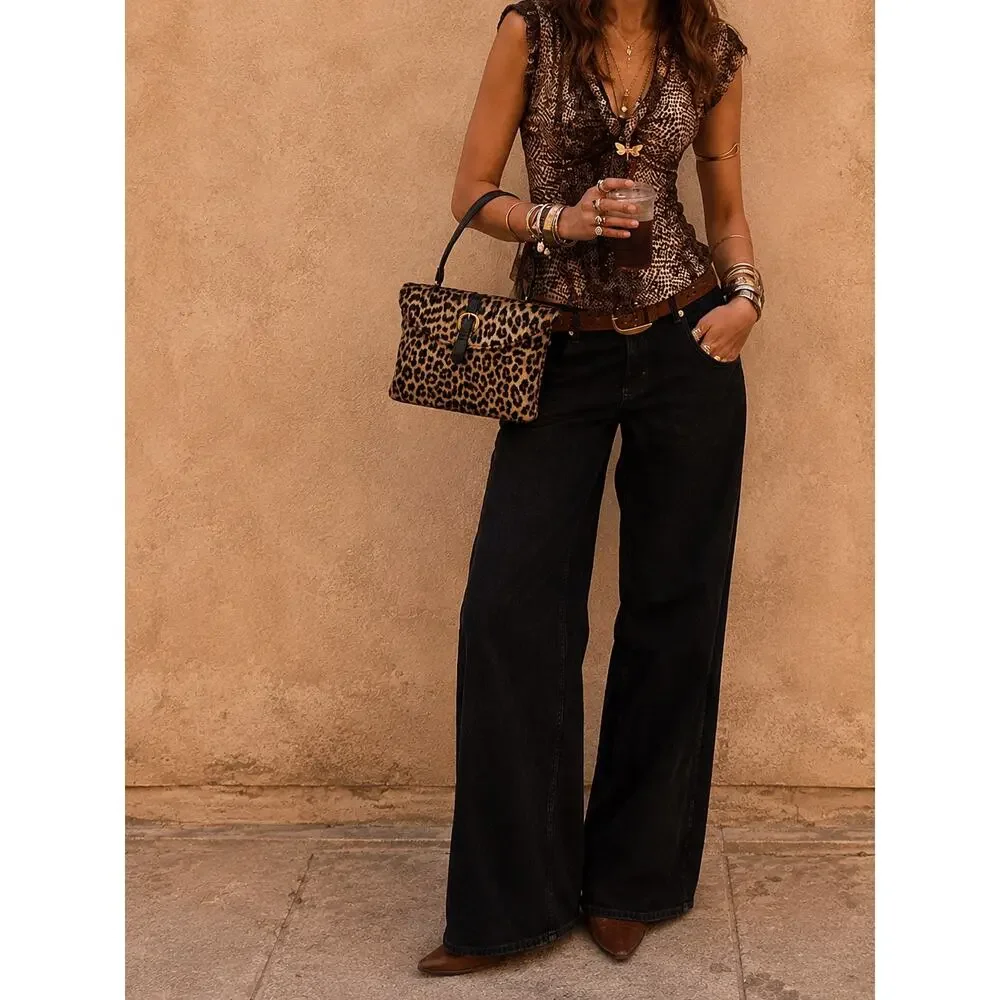 Vintage 60s 70s Leopard Calf Hair Leather Top Handle Bag Brass Hardware Purse